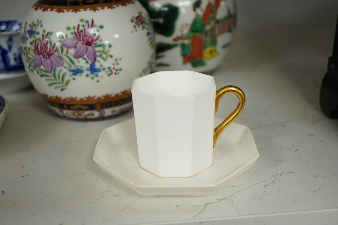 A Chinese ginger jar, Samson ginger jar, Hilditch cup and saucer, other tableware to include coffee cans, largest 15cm high